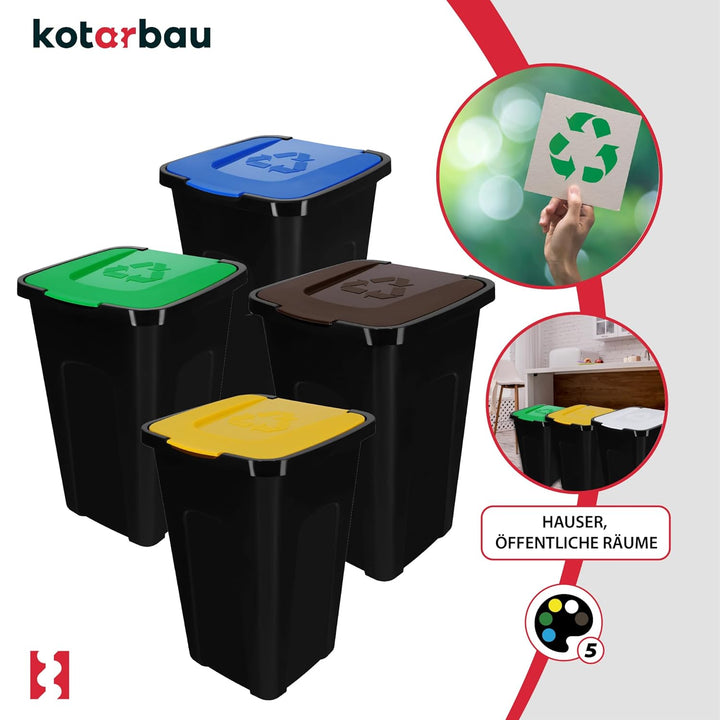 KOTARBAU® Müllbehälter 4er Set Gelb Blau Grün Braun - 50l Mülltrennungssystem mit Deckel für Haushal