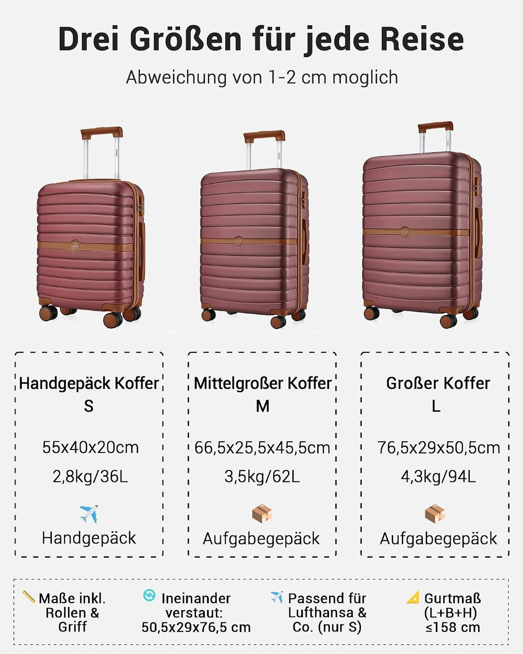 KONO Koffer Reisekoffer Trolley Koffer mittelgross von ABS+PC Hartschalenkoffer mit Zwillingsrollen