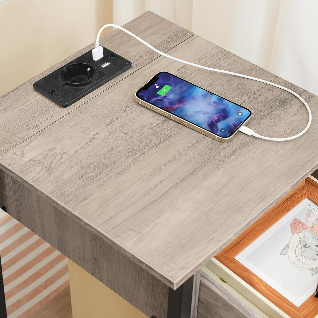 HOOBRO Nachttisch mit Ladestation und USB-Anschlüssen, Beistelltisch mit Schublade und Ablage, Nacht