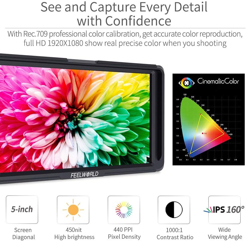 Feelworld F5 5 Zoll DSLR Kamera Field Monitor Small Full HD 1920x1080 IPS Video Peaking Focus Assist