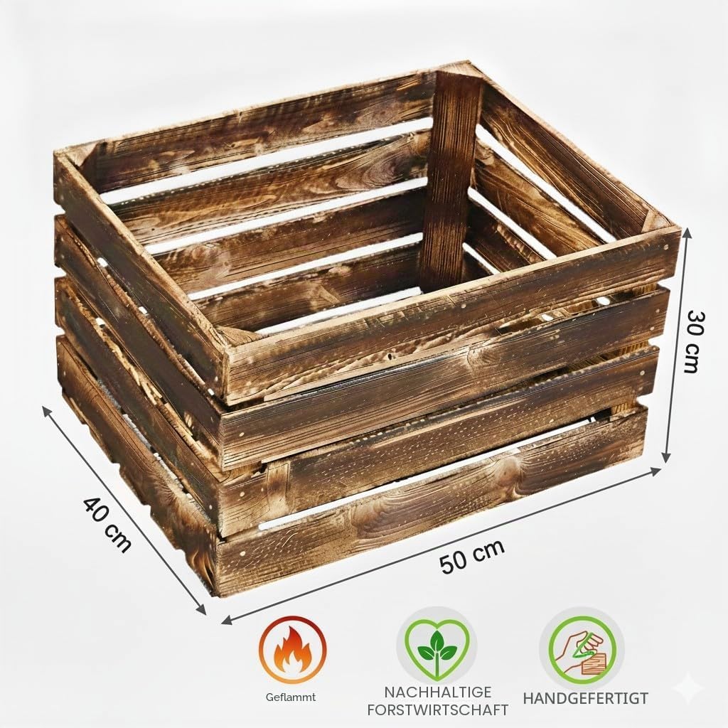 Geflammte Holzkisten im Set-Angebot: Originale, vintage Obstkisten Apfelkisten aus dem alten Land zu