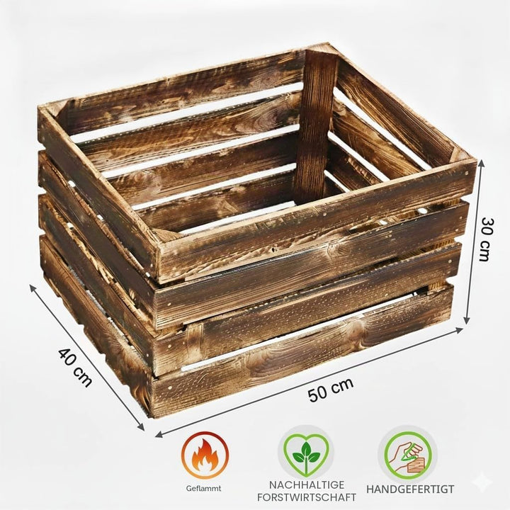 Geflammte Holzkisten im Set-Angebot: Originale, vintage Obstkisten Apfelkisten aus dem alten Land zu