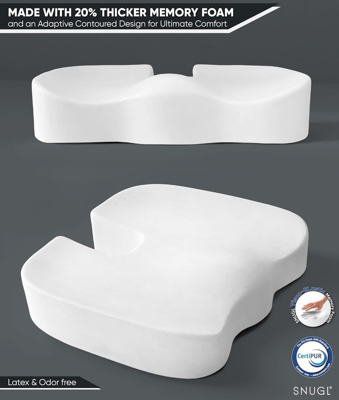 SNUGL Sitzkissen orthopädisch Memory Foam Steissbeinkissen | Stuhlkissen gegen Rückenschmerzen | Erg