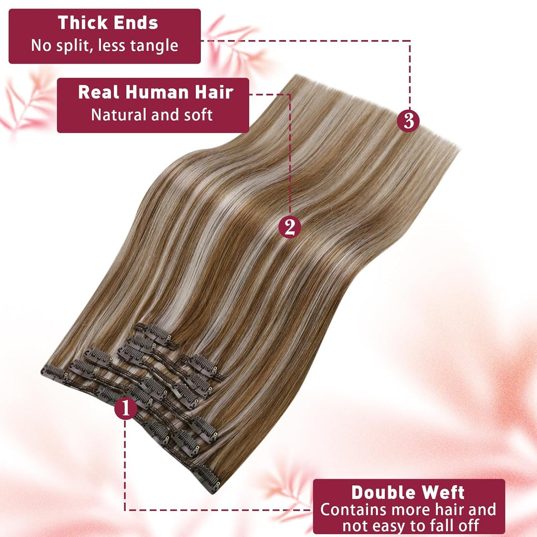 Vivien 25cm Clip in Extensions Echthaar Blond Hellbraun Mit Platinblond #P8/60 Clip in Extensions Ec