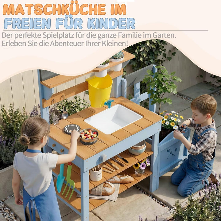 LEADZM Spielküche Matschküche Kinder Outdoor mit Pflanzkasten, Gartenspielküche mit Spüle, Wasserhah