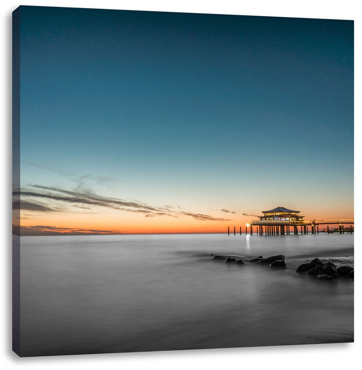 Pixxprint Timmendorfer Strand bei Sonnenuntergang Schwarz/Weiss, Format: 70x70 auf Leinwand, 70x70