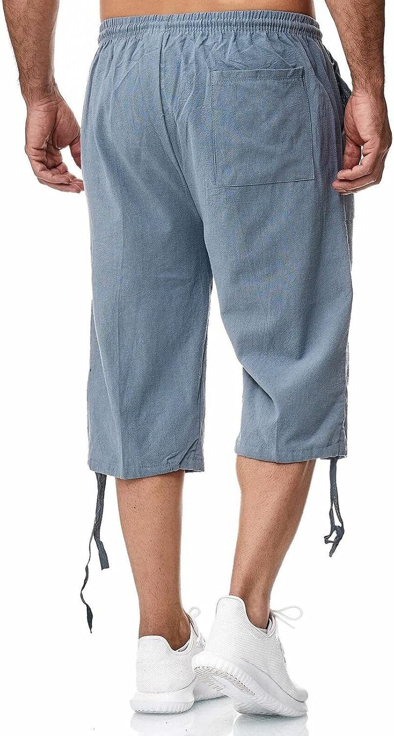 Remxi Herren-Shorts, 3/4-Leinen-Shorts, lockere Passform, Sommer, lässige Cargohose M Blau, M Blau