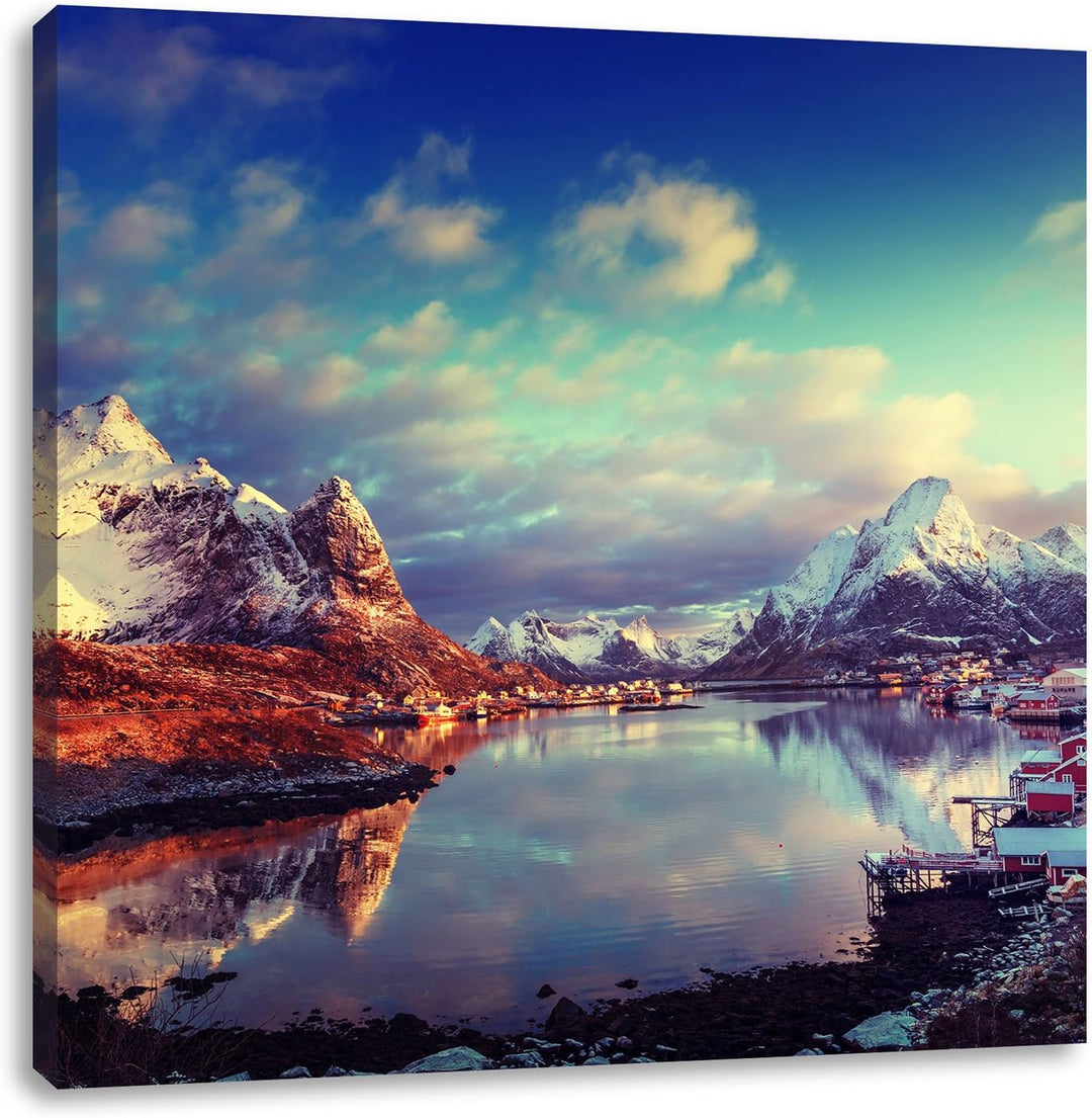 Pixxprint Schneelandschaft in einem Dorf in Norwegen, Format: 70x70 auf Leinwand, 70x70