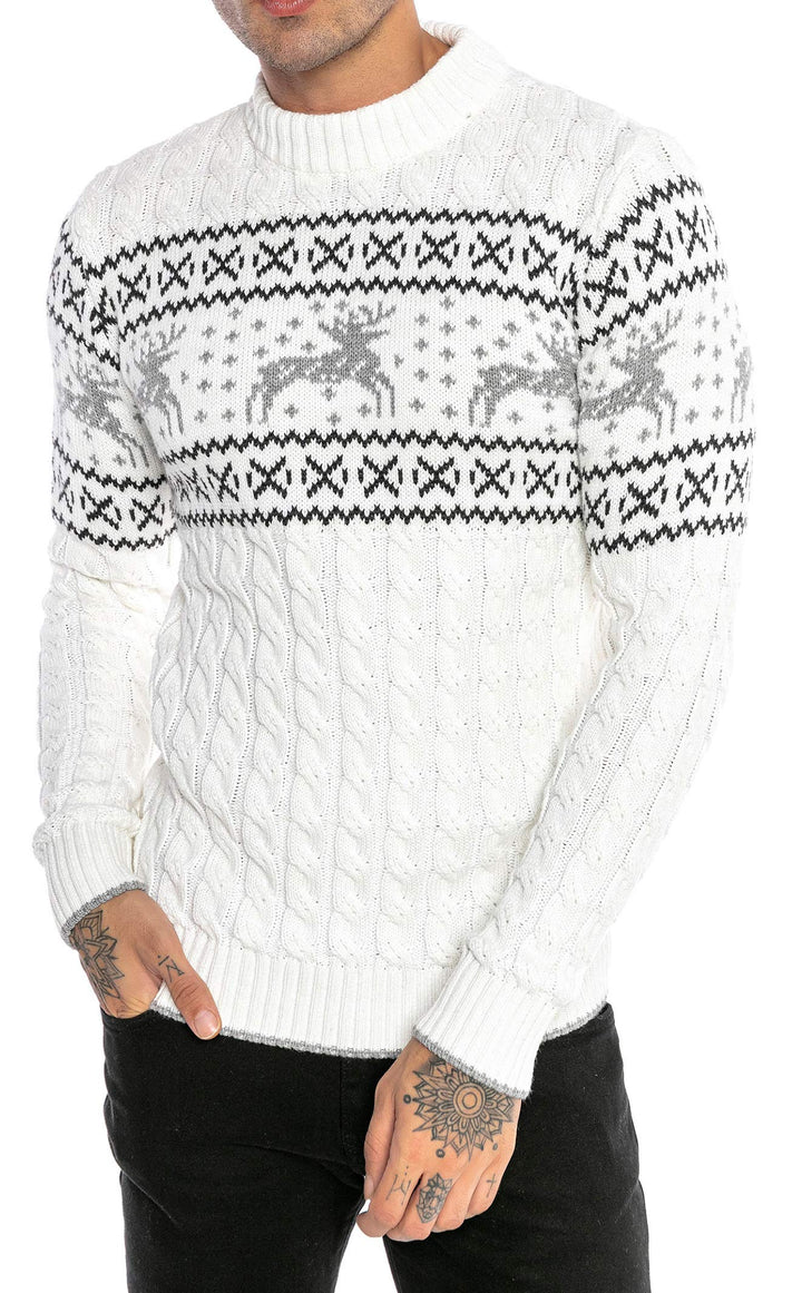 Red Bridge Herren Strickpullover Norweger Pullover Slim-Fit Plait Reindeer XL Weiss, XL Weiss