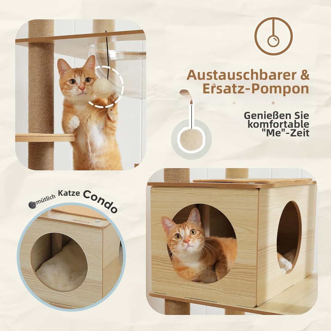 PETEPELA Kratzbaum für grosse Katzen, 181 cm hoch, mit Acryl-Hängematte, Multi-Stufe Holz Katzenbaum