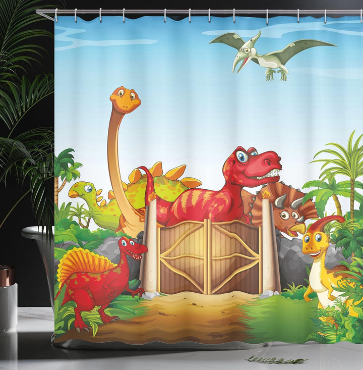 ABAKUHAUS Dino Duschvorhang, Cartoon-Dinosaurier in Park, Stoffliches Gewebe Badezimmerdekorationsse