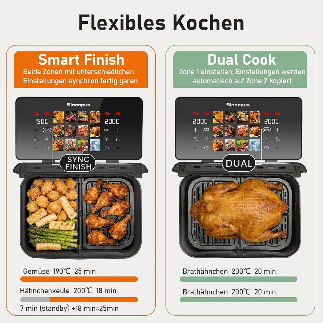 Air Fryer 9L 2000 W, Heissluftfritteuse 2 Kammern mit kühlem Griff | Digitaler Touchscreen, Sichtfen