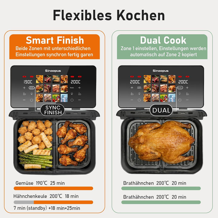 Air Fryer 9L 2000 W, Heissluftfritteuse 2 Kammern mit kühlem Griff | Digitaler Touchscreen, Sichtfen