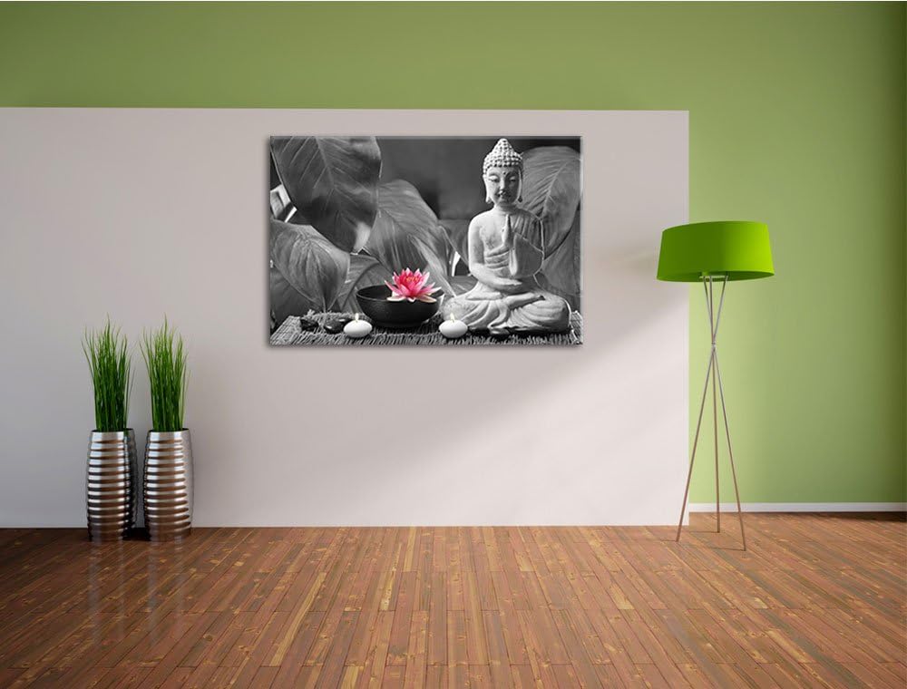 Buddha mit Seerose schwarz/weiss Format: 100x70 auf Leinwand, XXL riesige Bilder fertig gerahmt mit