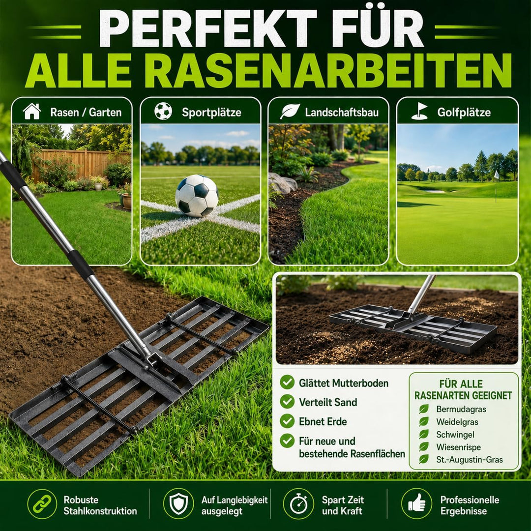 Rasen-Nivellierrechen 76 x 25 cm, Stiel 85-195 cm | Robuster Eisenkopf, Edelstahlstiel, faltbare 40
