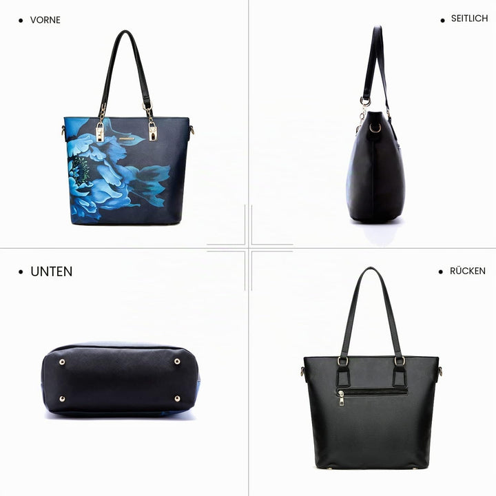 2E-youth Damen Set Tote Handtasche Umhängetasche Geldbörse Schwarz / Blau, Schwarz / Blau