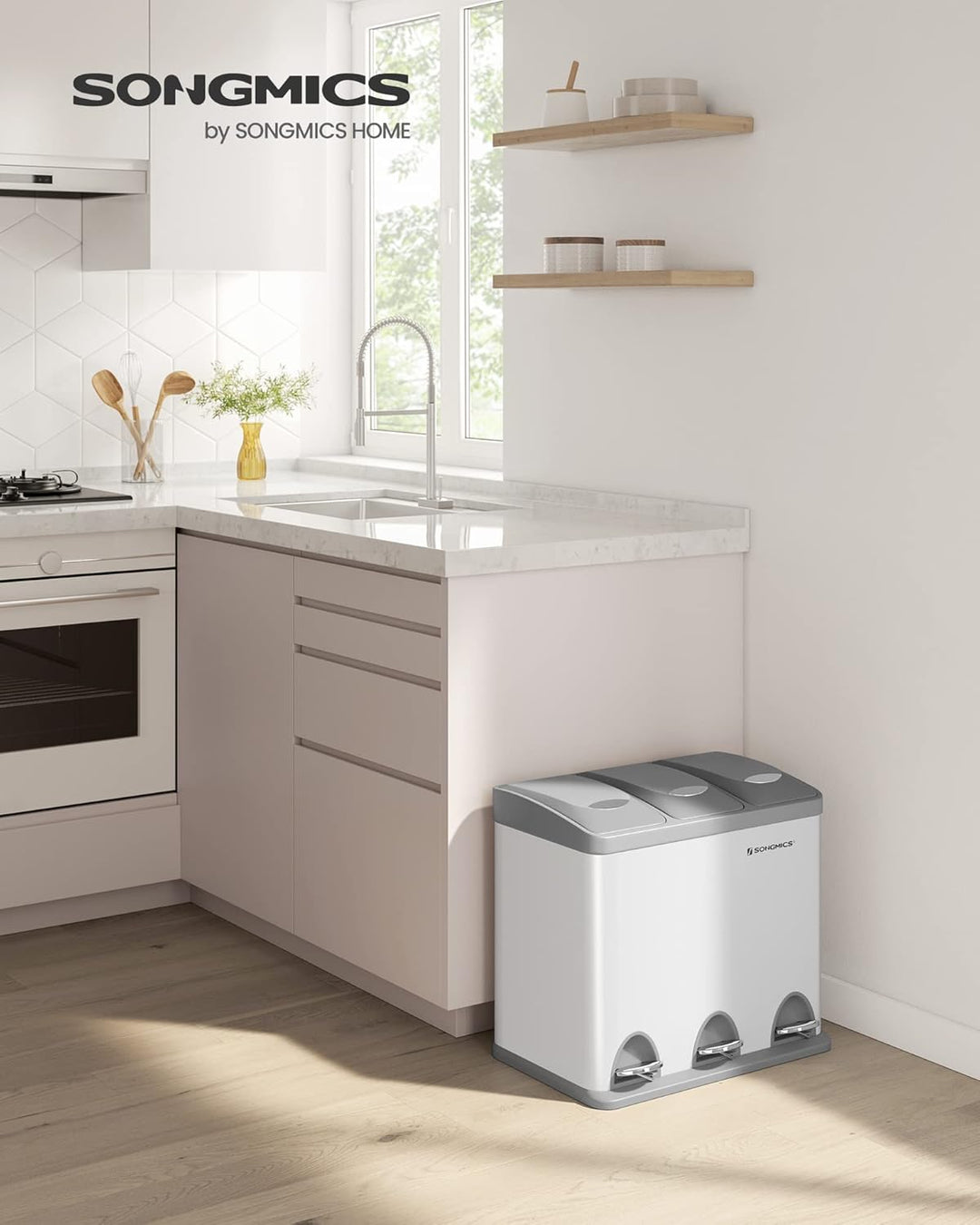 SONGMICS Mülleimer für die Küche, 3 x 8 L, Abfalleimer aus Metall, 3-in-1 Treteimer, Mülltrennung, M