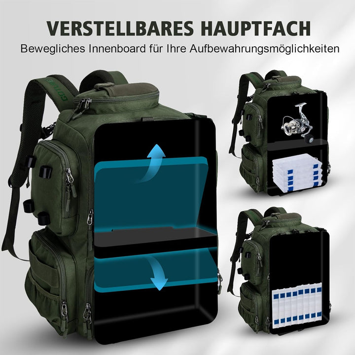 Goture Angelrucksack mit 4 Köderbox Angeln, 45-Liter Angelzubehör-Rucksack mit Zwei Rutenhaltern und