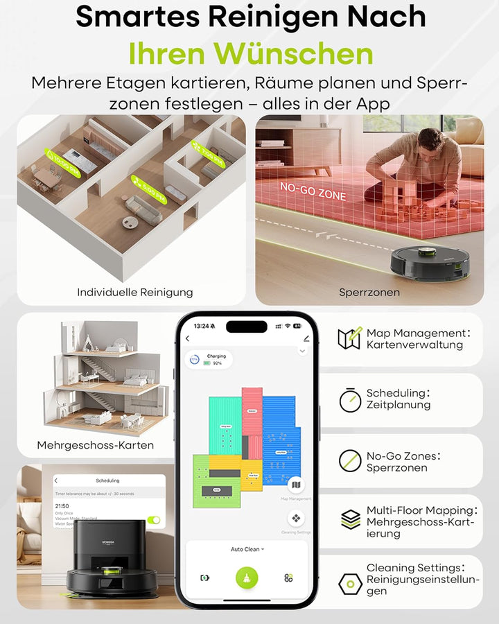 MONSGA Saugroboter mit Wischfunktion 8000PA, Staubsauger Roboter mit Absaugstation 4L, LiDAR Navigat