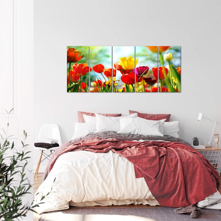 Runa Art Wandbild XXL Blumen Tulpen Wohnzimmer Schlafzimmer 200 x 80 cm Bunt 5 Teilig - Made in Germ