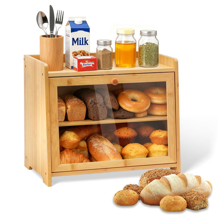 2 Etagen Bambus Brotkasten, Gross, Brotbox, Doppelstöckig Mit Sichtfenster, Belüftung, Seitlichen Gr