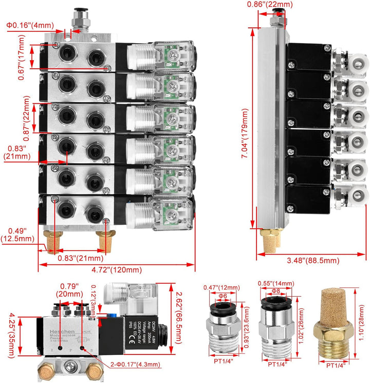 Heschen, elektrisches pneumatisches Magnetventil, 4V210-08, 6 Stück, DC 24 V, PT1/4, 5 Wege 2 Positi
