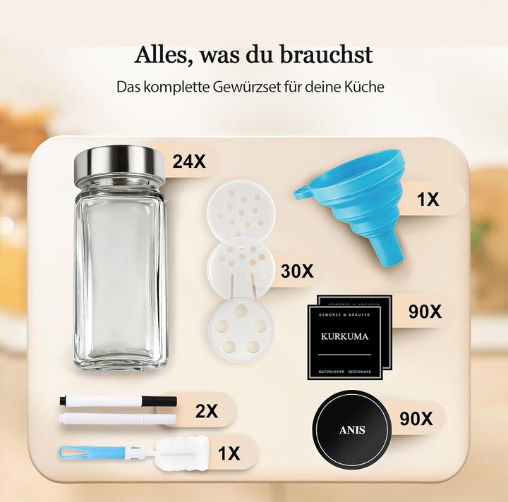 Gewürzgläser Set 24er [120ml, Eckig & Luftdicht] mit Edelstahldeckeln, Etiketten & Streueinsätzen -