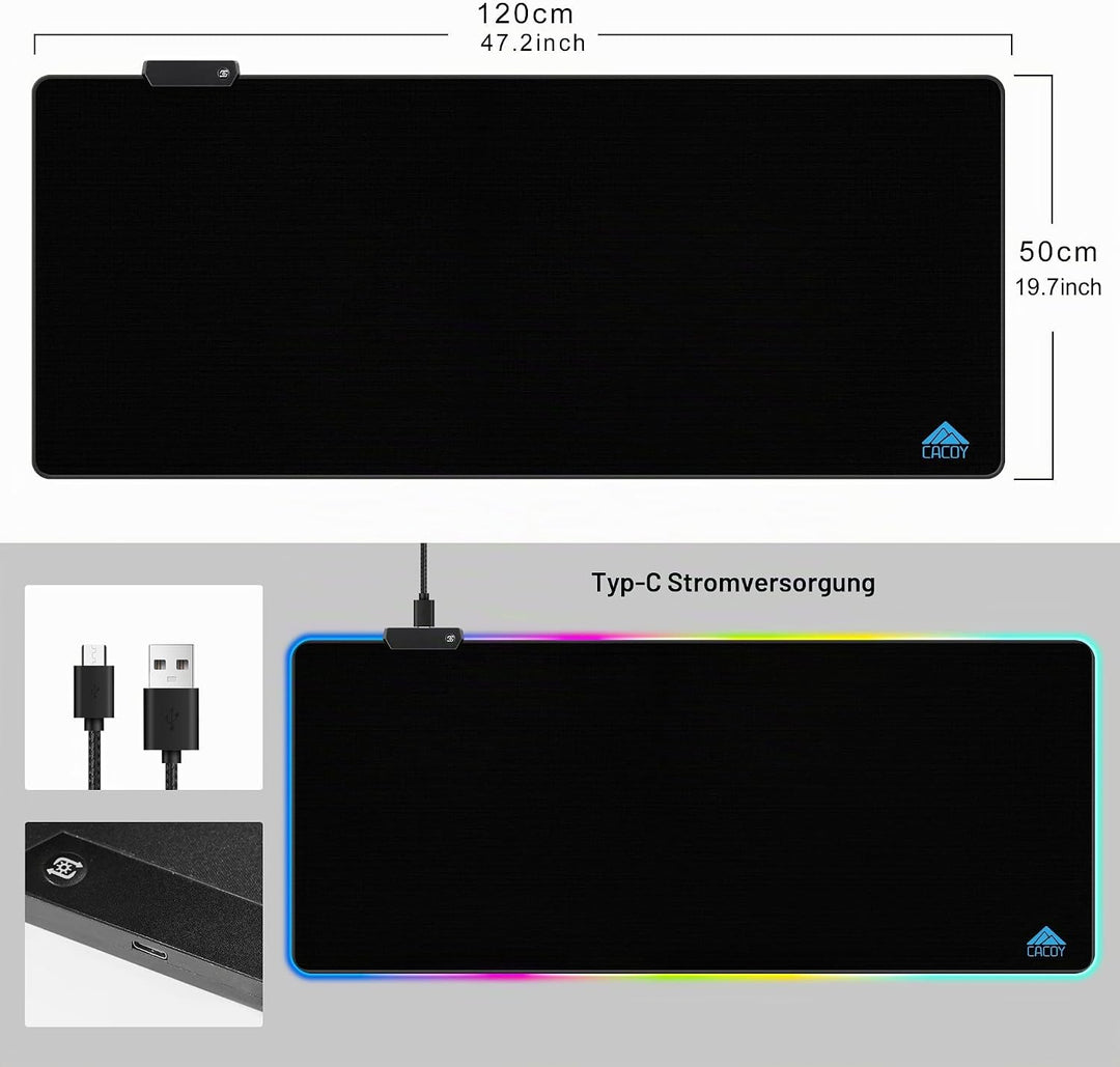 Cacoy 1200x500 mm Übergrösse RGB Gaming Mauspad, Gross Computer Mousepad mit 9 Beleuchtungs Modi, Ve
