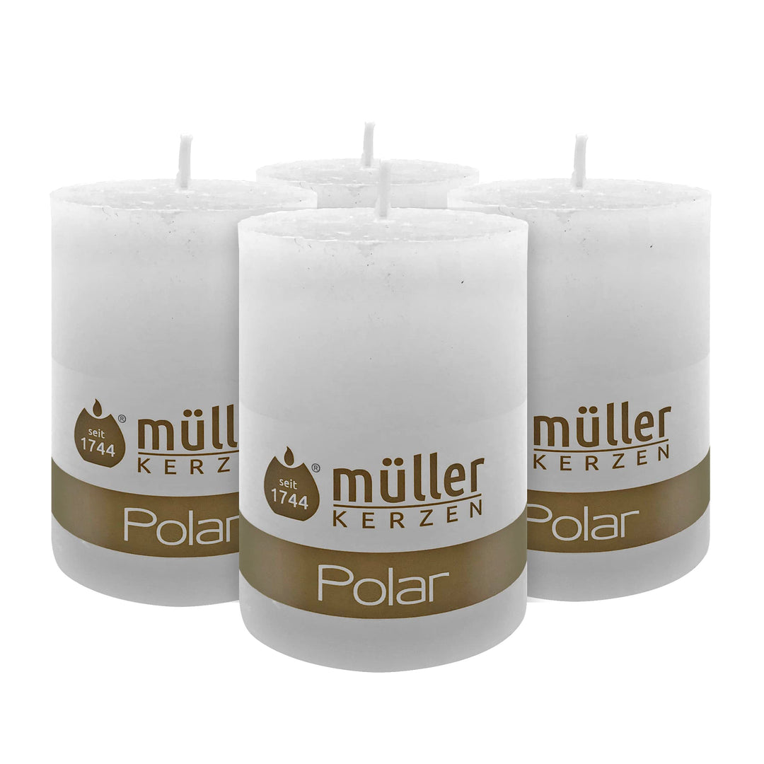 Müller Kerzen POLAR Stumpenkerzen mit Raureif-Effekt - Set mit 4 Rustikale Kerzen - Weiss - 68 x 100