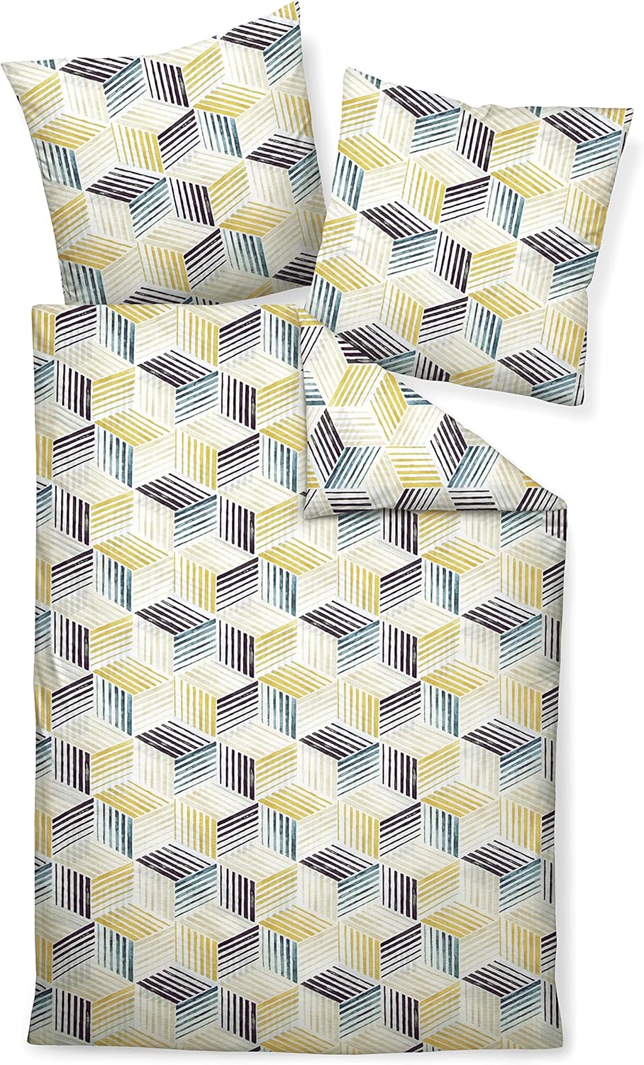 Janine Mako-Soft-Seersucker Bettwäsche Tango 155x220 cm + 80x80 cm cylongelb-blau-Sand, 155x220 cm +