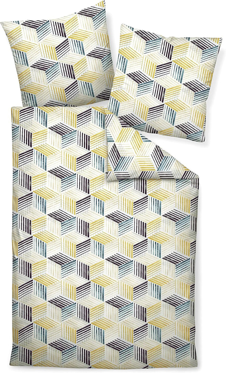 Janine Mako-Soft-Seersucker Bettwäsche Tango 155x220 cm + 80x80 cm cylongelb-blau-Sand, 155x220 cm +