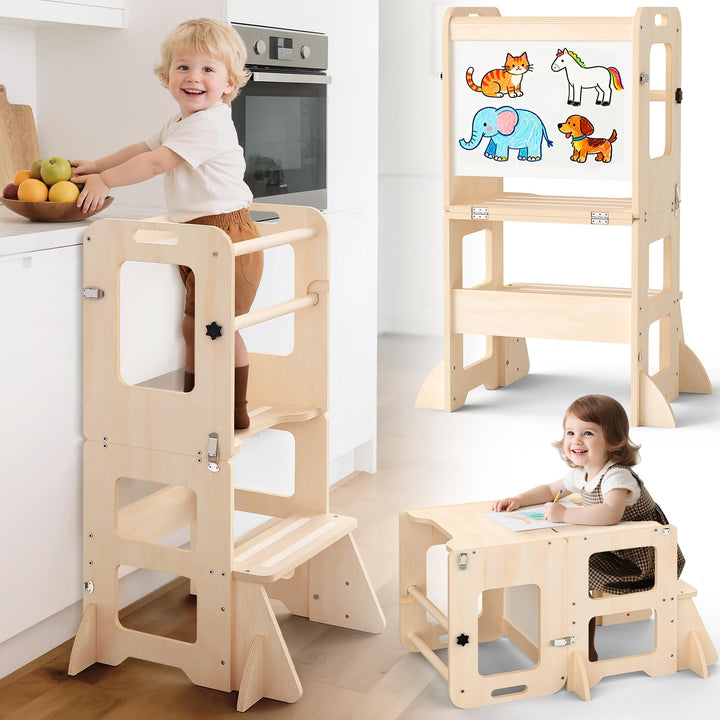 Montessori Lernturm ab 1 Jahr, 4 in 1 Montessori Learning Tower für Kinder mit Rausfallschutz, Lernt
