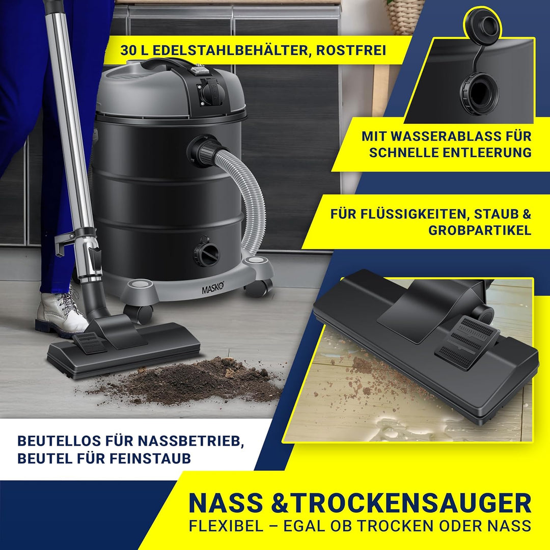 Masko® Industriestaubsauger Staubsauger Nass Trocken Sauger Edelstahl 2300W + Steckdose | Blasfunkti