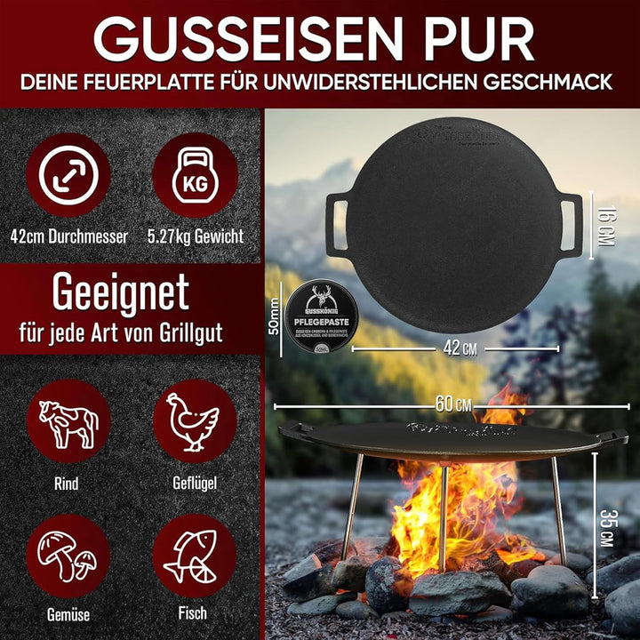 Gusseisen Grillplatte (Ø 42 cm) mit 3 Edelstahl-Beinen – Dutch Oven Grillplatte Rund – Dreibein Gril