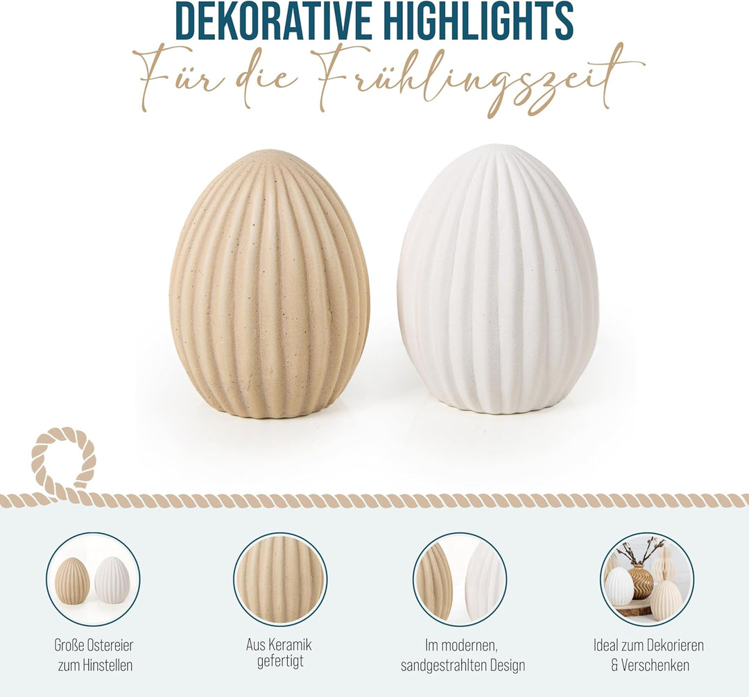 Logbuch-Verlag 2 Osterei Figuren beige weiss sandgestrahlt Keramik Osterschmuck Scandi Hygge Moderne
