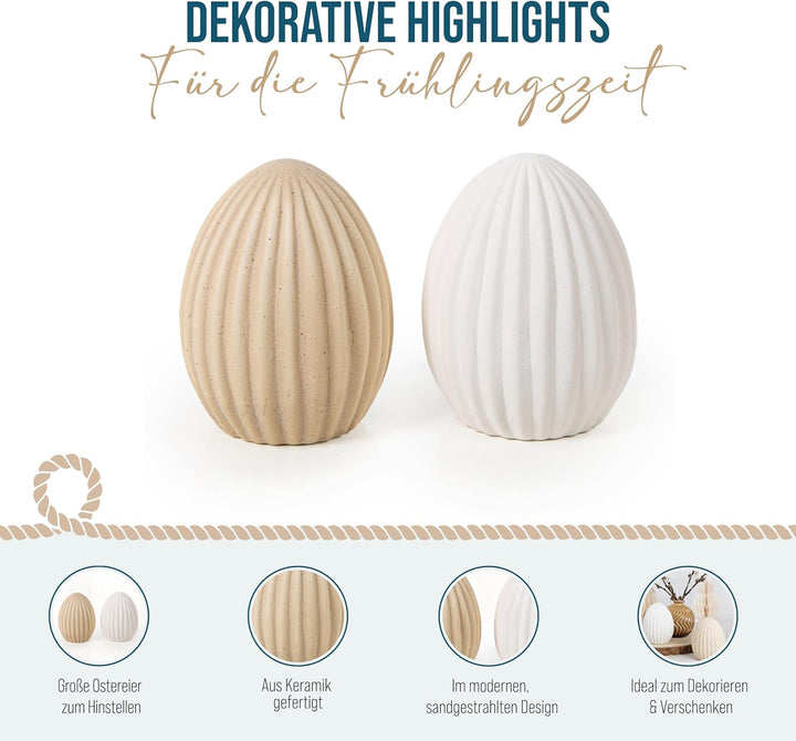 Logbuch-Verlag 2 Osterei Figuren beige weiss sandgestrahlt Keramik Osterschmuck Scandi Hygge Moderne