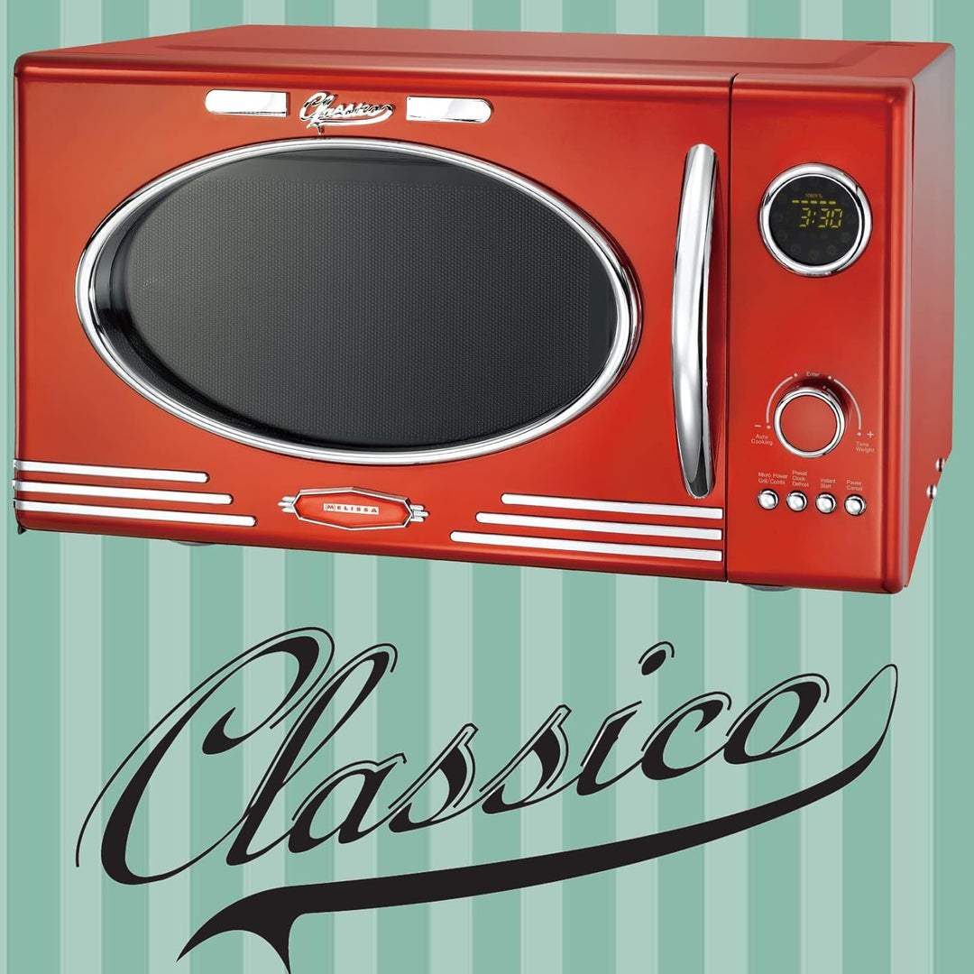 MELISSA 16330129 Retro Mikrowelle/1000 Watt/23 Liter Garraum,Design Mikrowelle mit Grill/Rot metalic