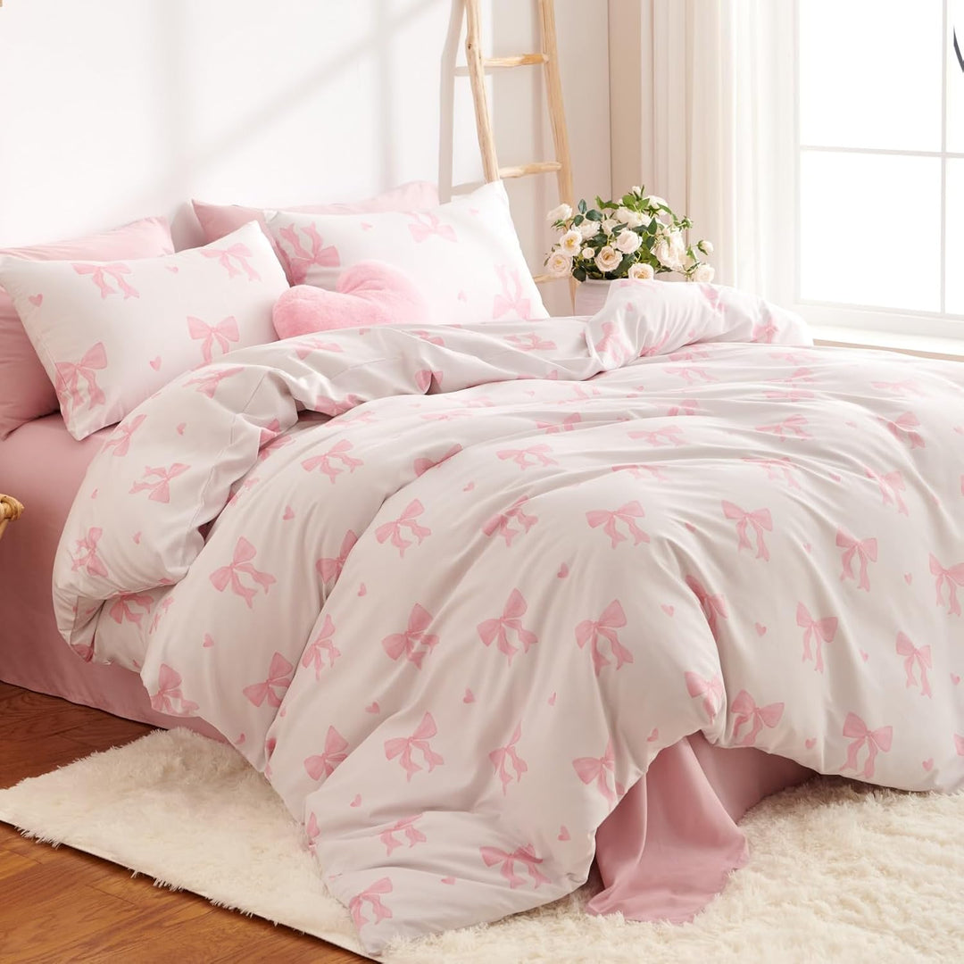 Freyamy Schleife Bettwäsche 135x200cm 2teilig Beige Rosa Schleifen Herz Mädchen Wendebettwäsche Set