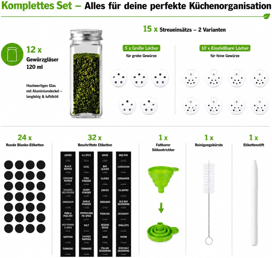 elf-family Gewürzgläser Eckig Set [12 x 120ml] mit Streueinsatz und Etiketten Premium Luftdichte Gew