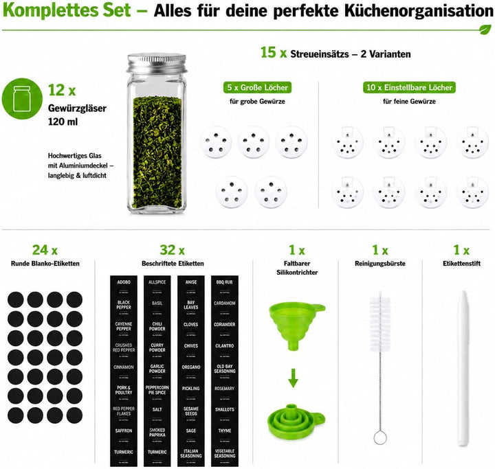 elf-family Gewürzgläser Eckig Set [12 x 120ml] mit Streueinsatz und Etiketten Premium Luftdichte Gew