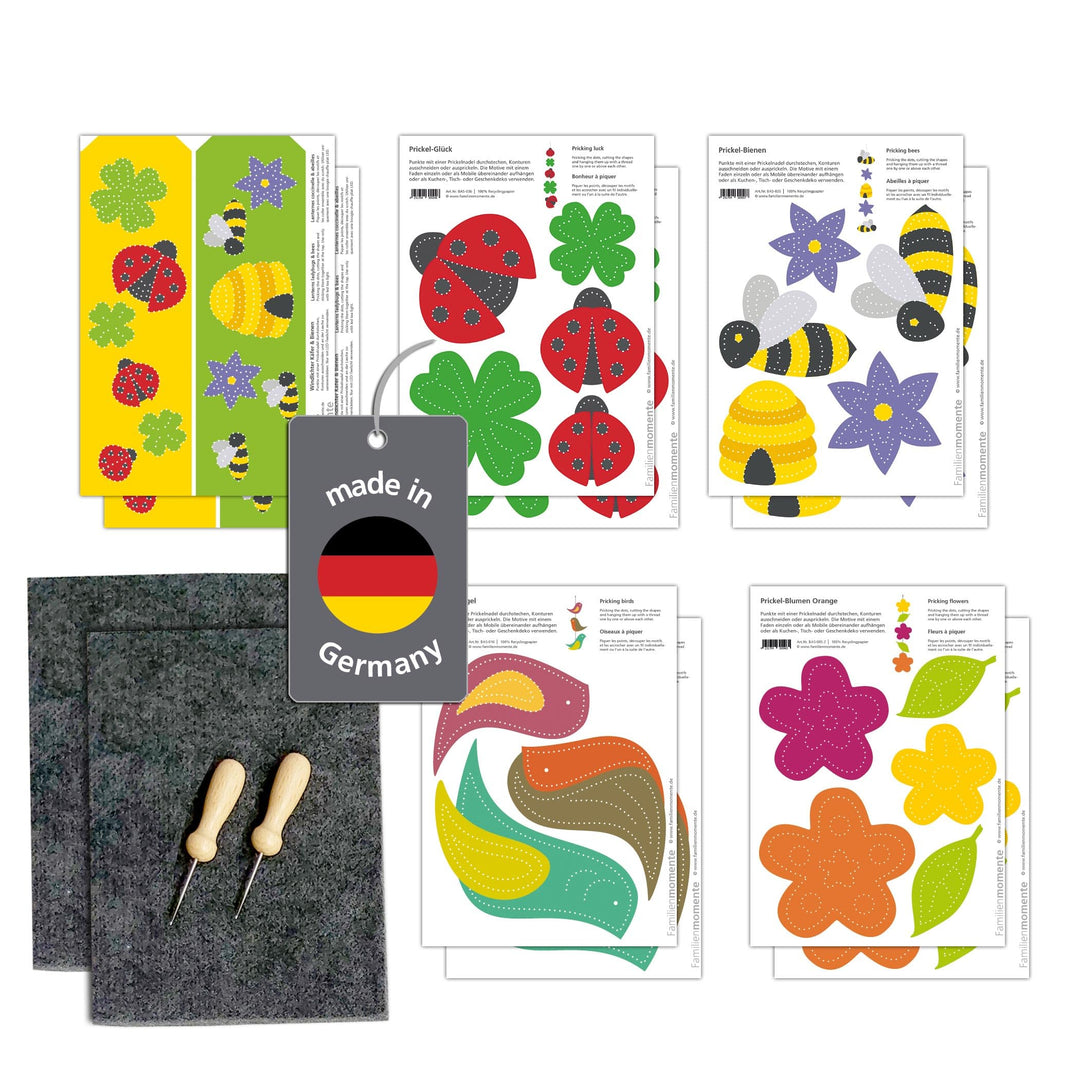 Familienmomente Maxi-Bastelset Käfer &amp; Biene 10 Prickelvorlagen (je 2x Käfer, Biene, Vögel, Blumen O