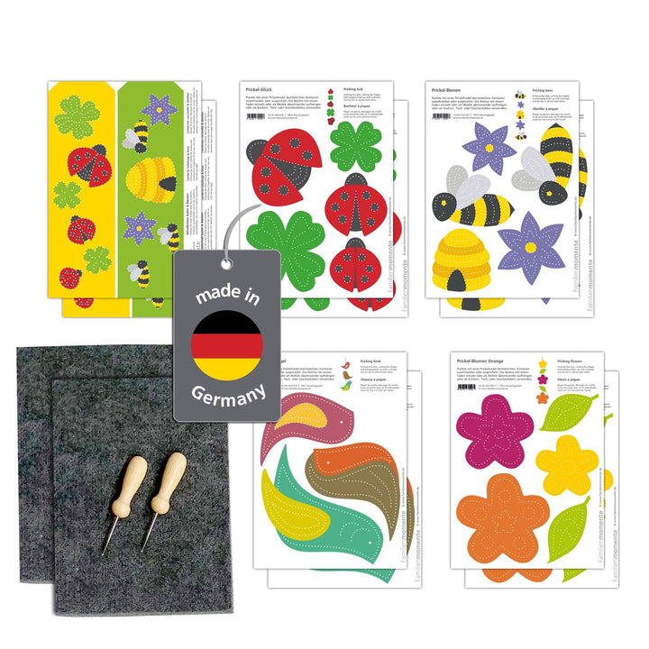 Familienmomente Maxi-Bastelset Käfer &amp; Biene 10 Prickelvorlagen (je 2x Käfer, Biene, Vögel, Blumen O