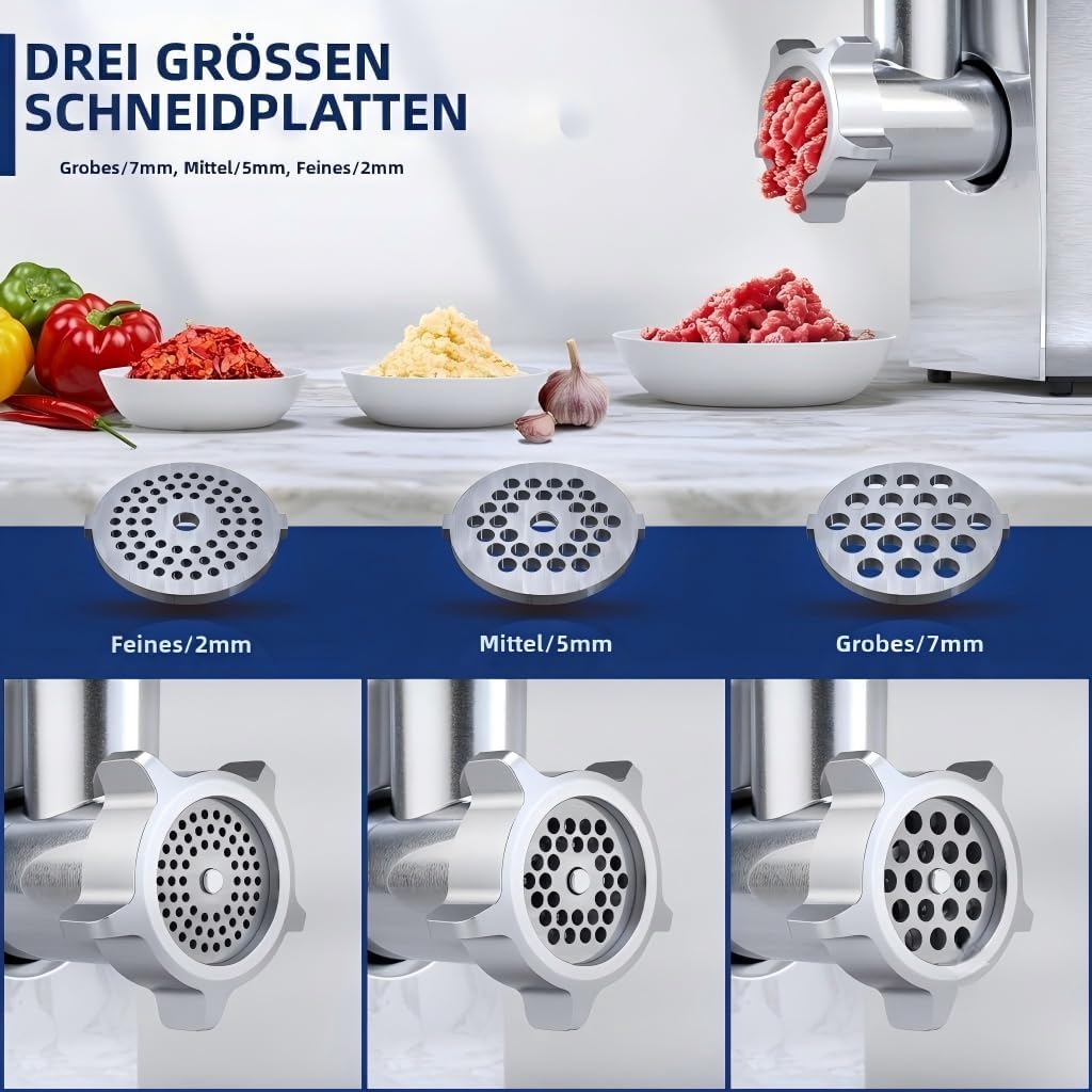 CHEFFANO 2800W[Max] Elektrischer Fleischwolf, 4-in-1 Multifunktions Fleischzerkleinerer mit 3 Edelst