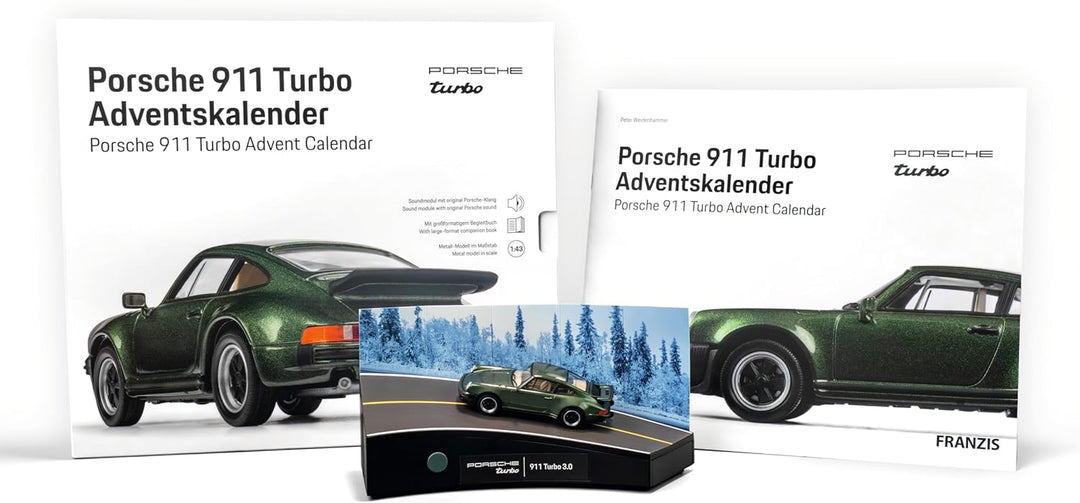 FRANZIS 55109 - Porsche 911 Turbo Adventskalender lichtgrün, Metall Modellbausatz im Massstab 1:43,