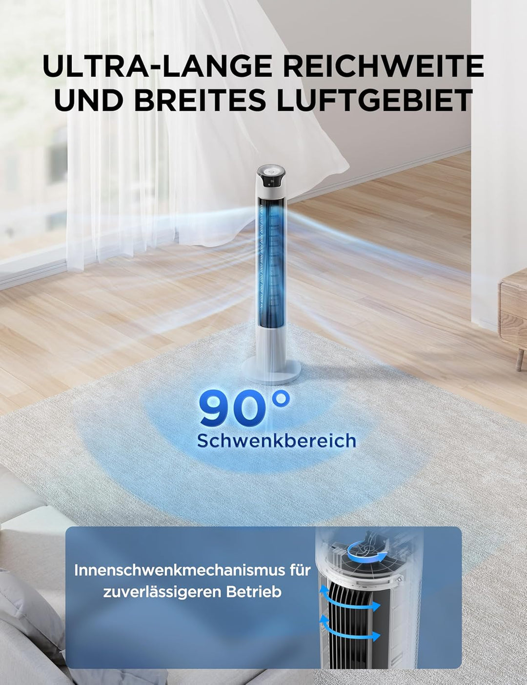 Midea FZ10-16AR Turmventilator mit Fernbedienung 110 cm,Standventilator mit Oszilation 60°,6 Geschwi