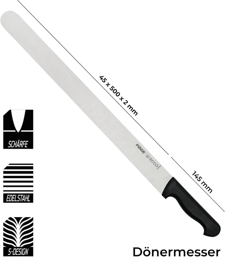 Pirge Ecco Dönermesser 50 cm Schwarz Harter Stahl - Aufschnittmesser - Schärfstes Döner Langmesser -
