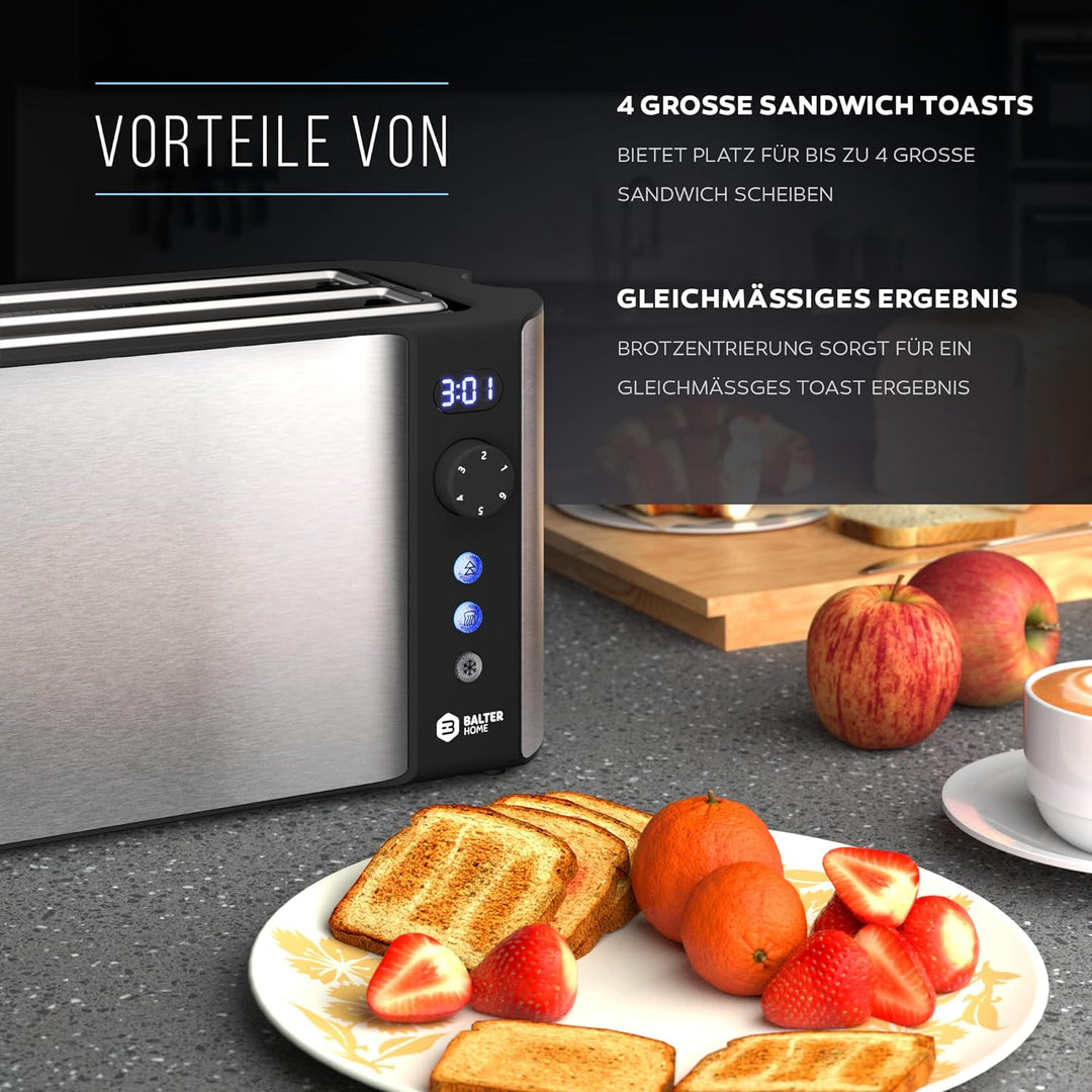 Balter Toaster 4 Scheiben, Langschlitz, Edelstahl, Brötchenaufsatz, LCD Display mit Restzeitanzeige,