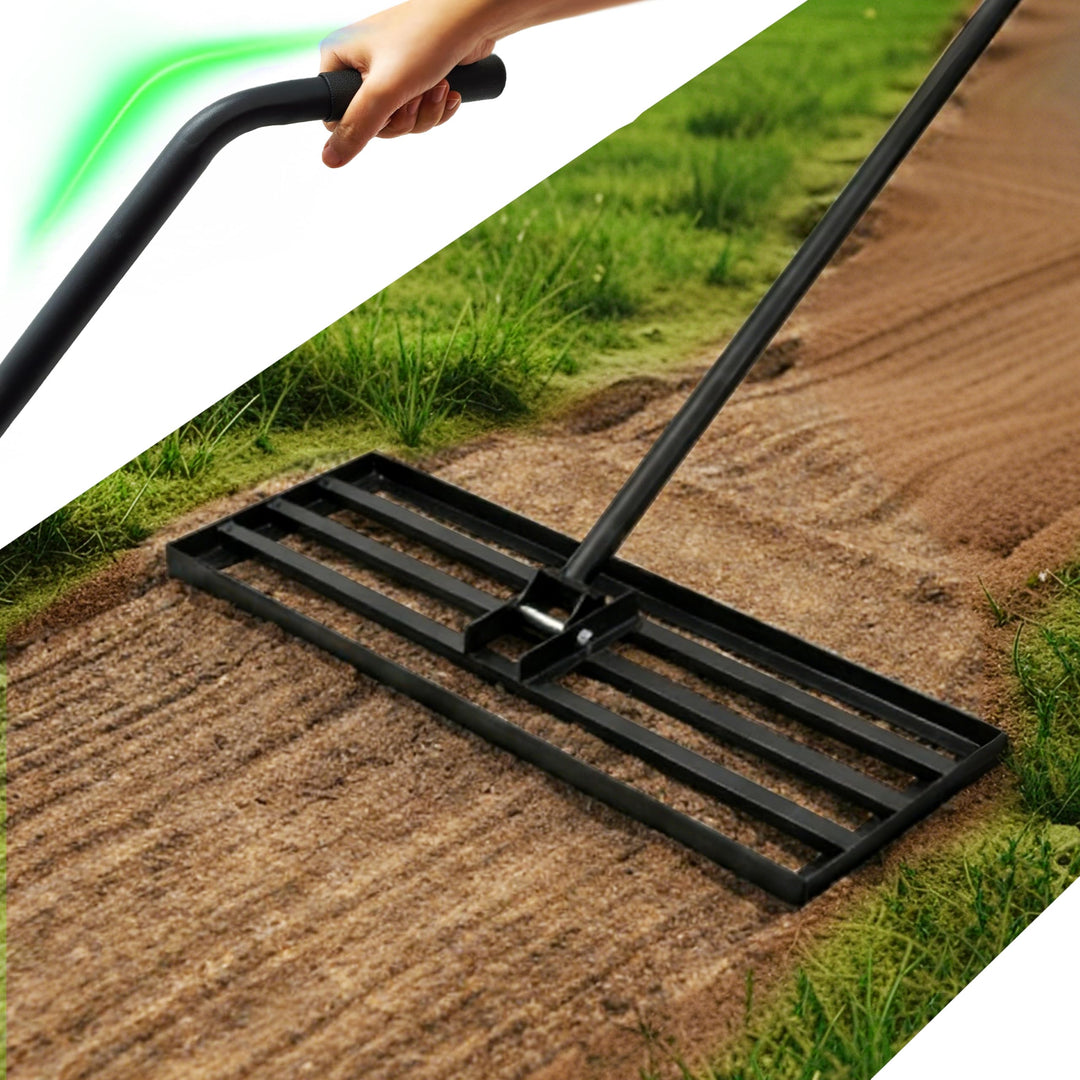 Rasen Rakel 75x25cm Rückenschonend, Rasennivellierer mit ergonomisch gebogenem 185cm Griff, Metall N