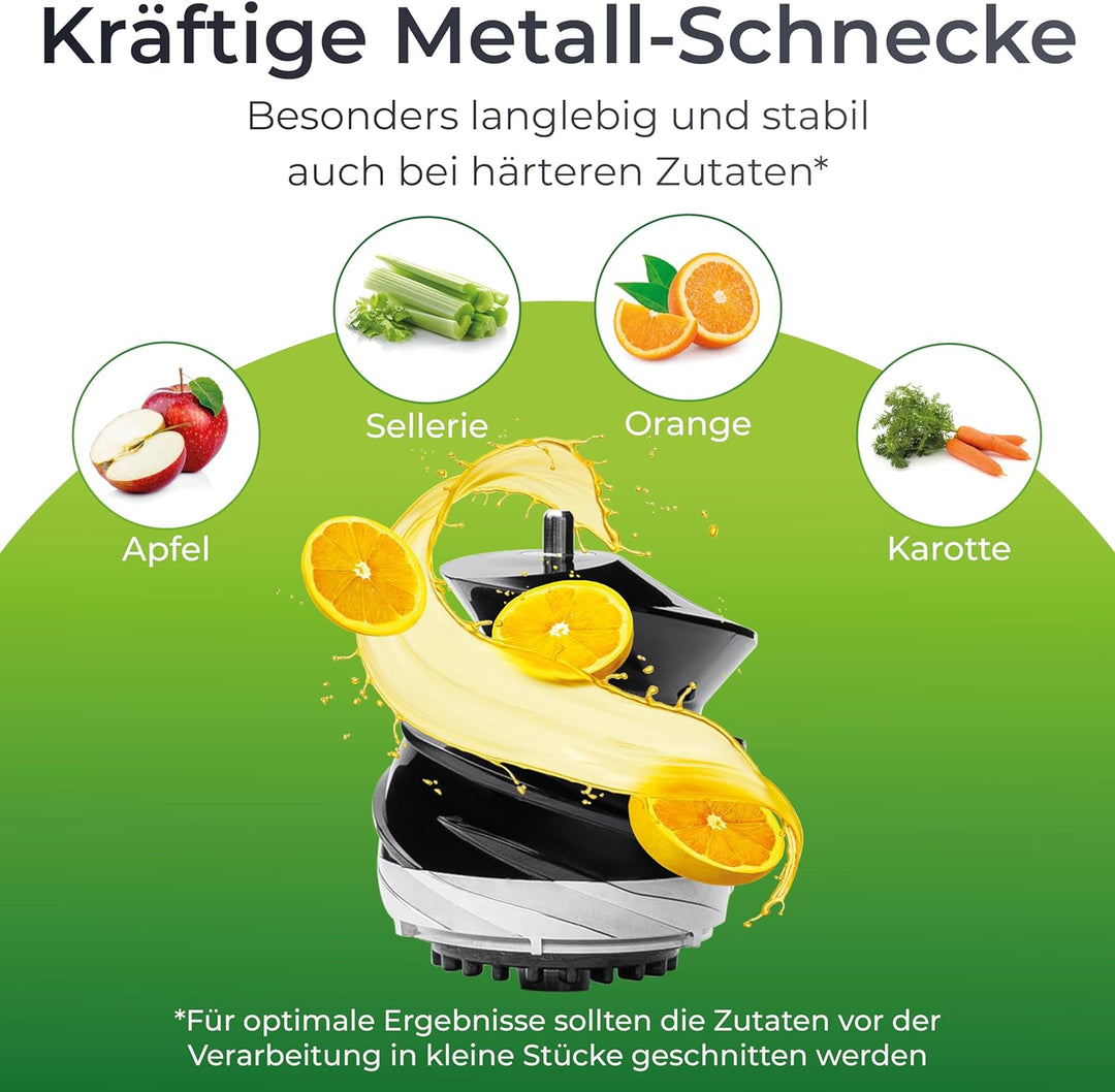 KLAMER Slow Juicer Gemüse und Obst, Entsafter mit Rückwärtsgang, elektrische Fruchtpresse mit Bürste