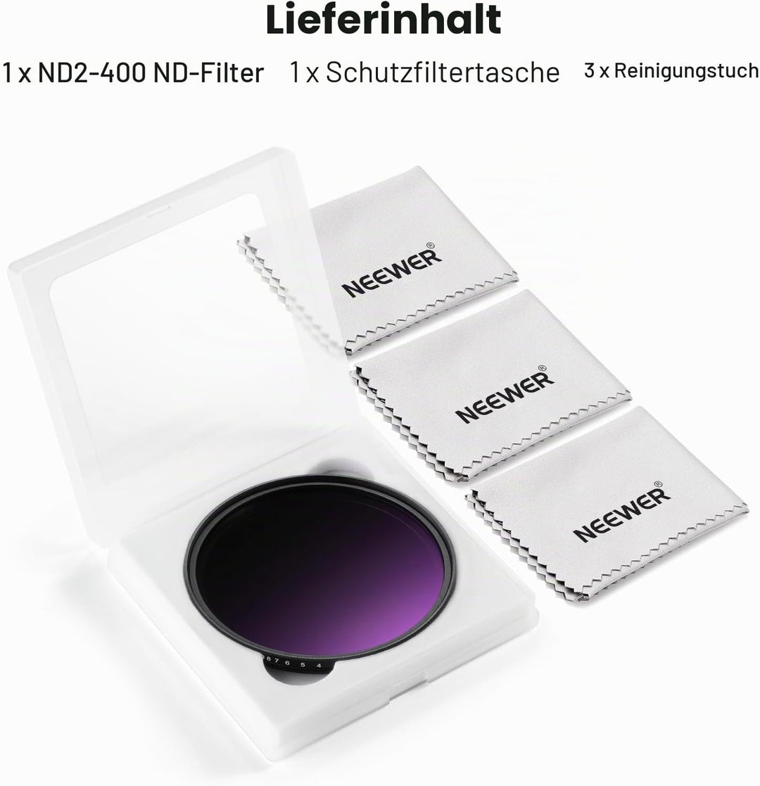 NEEWER 58mm Variabler ND Filter ND2-400 (1-9 Stop) mit 3X Reinigungstuch, Einstellbarer, drehbarer G